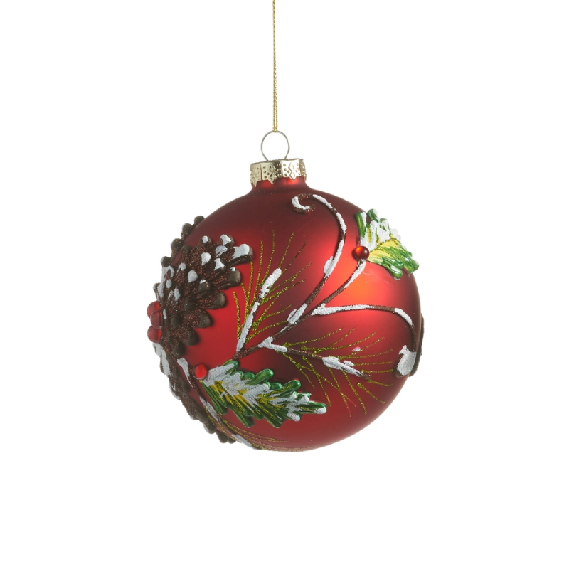 4-inch red glass ball ornament with snowy pinecone, green needles, and white glitter accents.