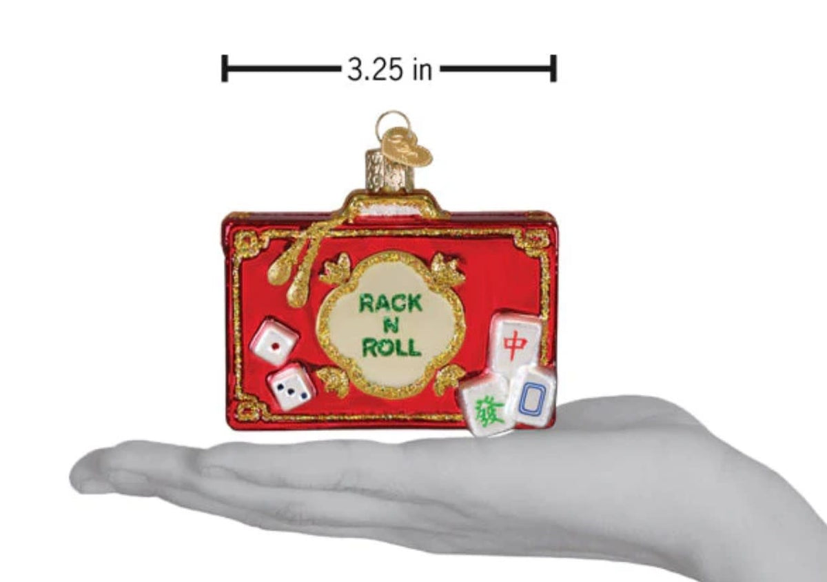 Rack N Roll Mahjong ornament featuring a glossy red tile with gold bamboo pattern and black rim.
