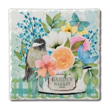 Square tumbled stone coaster with cork backing in natural gray tones.