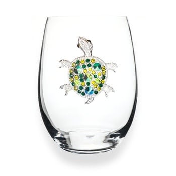 Handcrafted stemless wine glass with jeweled embellishments around the rim in clear crystal.
