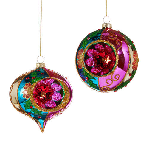 Glass witch eye ornament with multicolor swirls on a black background