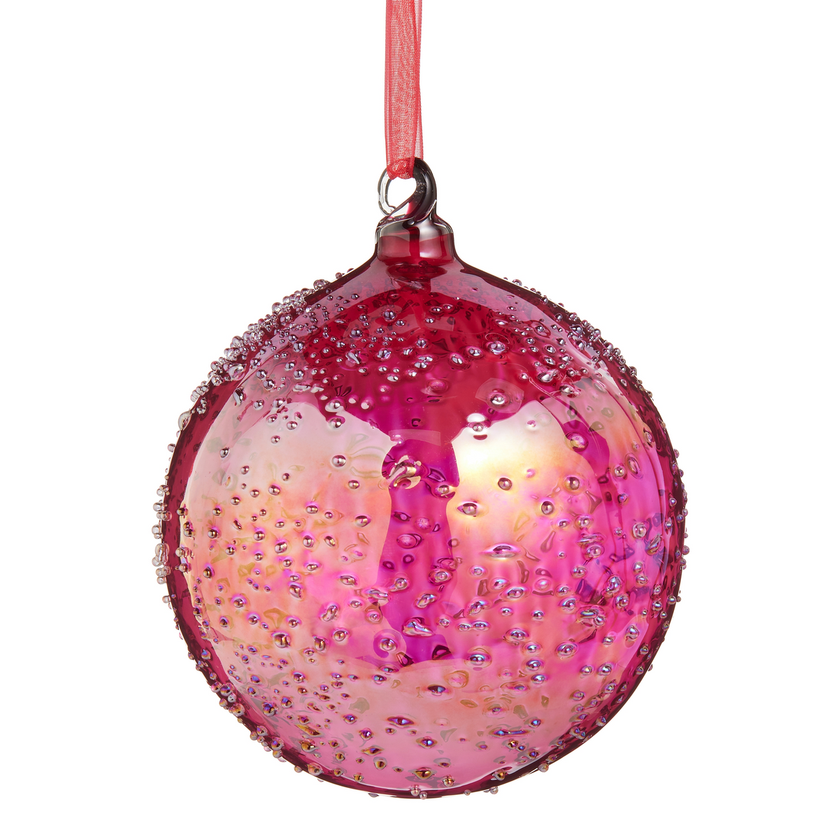 4-inch iridescent red glass ball ornament with a textured bubble surface and red hanging ribbon.