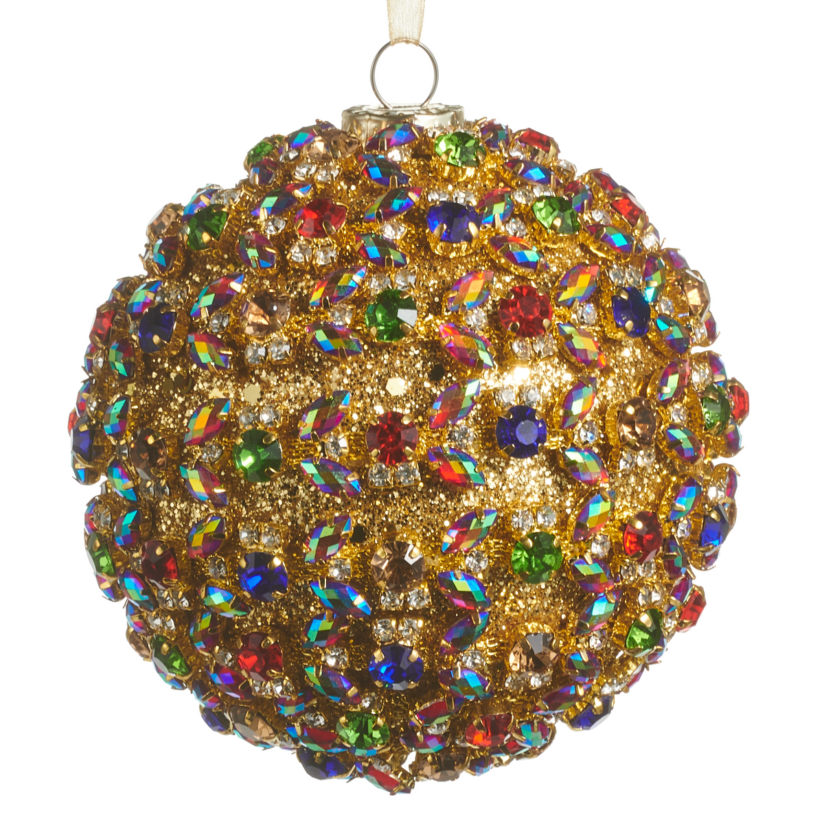 4-inch gold glitter ball ornament encrusted with multi-colored faceted jewels.