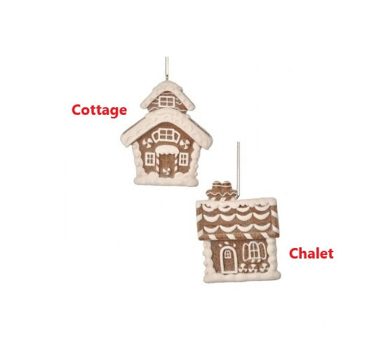 Resin gingerbread house ornament with candy accents and icing trim