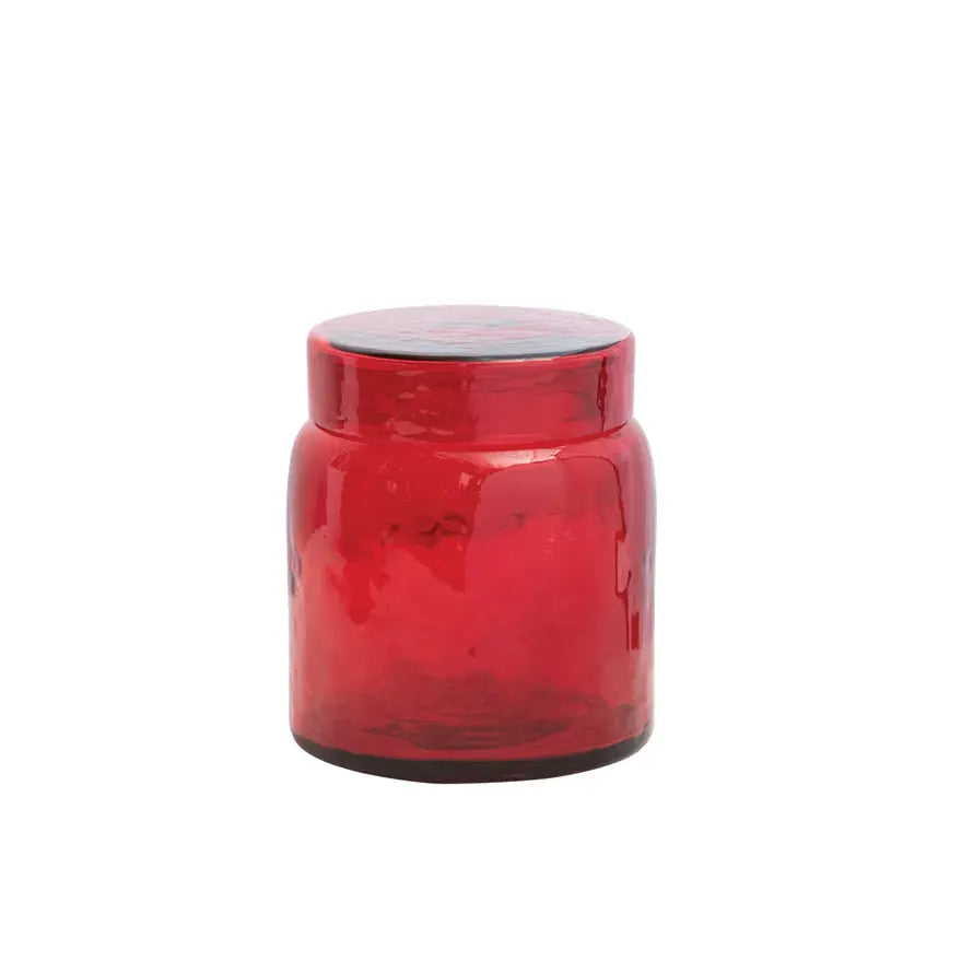 Red glass storage jar with cylindrical shape