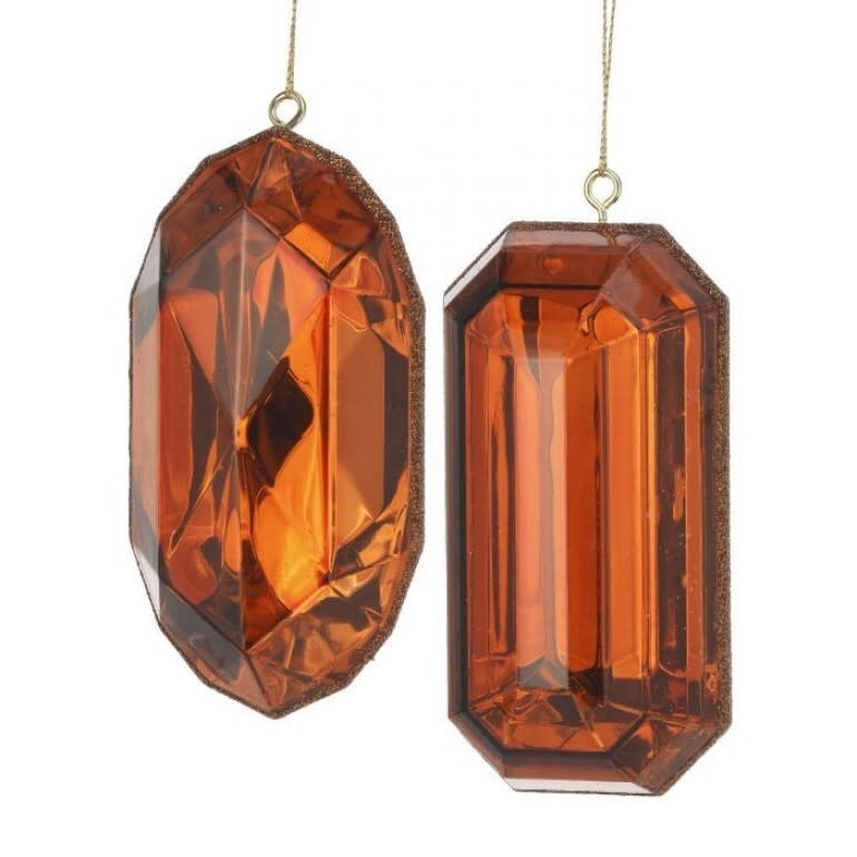 Copper acrylic precious gem ornament with a faceted geometric shape measuring 2.5 by 5 inches.