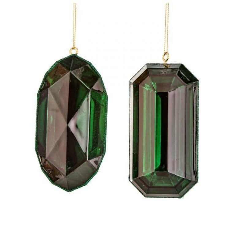 Emerald green acrylic precious gem ornament with a faceted oval shape.