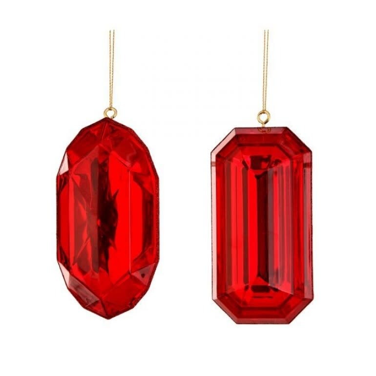 Red acrylic precious gem ornament with a faceted geometric shape.