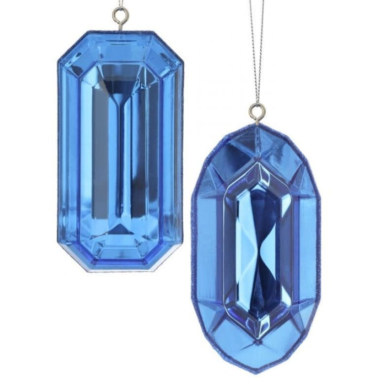 Acrylic sapphire gem ornament with a faceted teardrop shape.