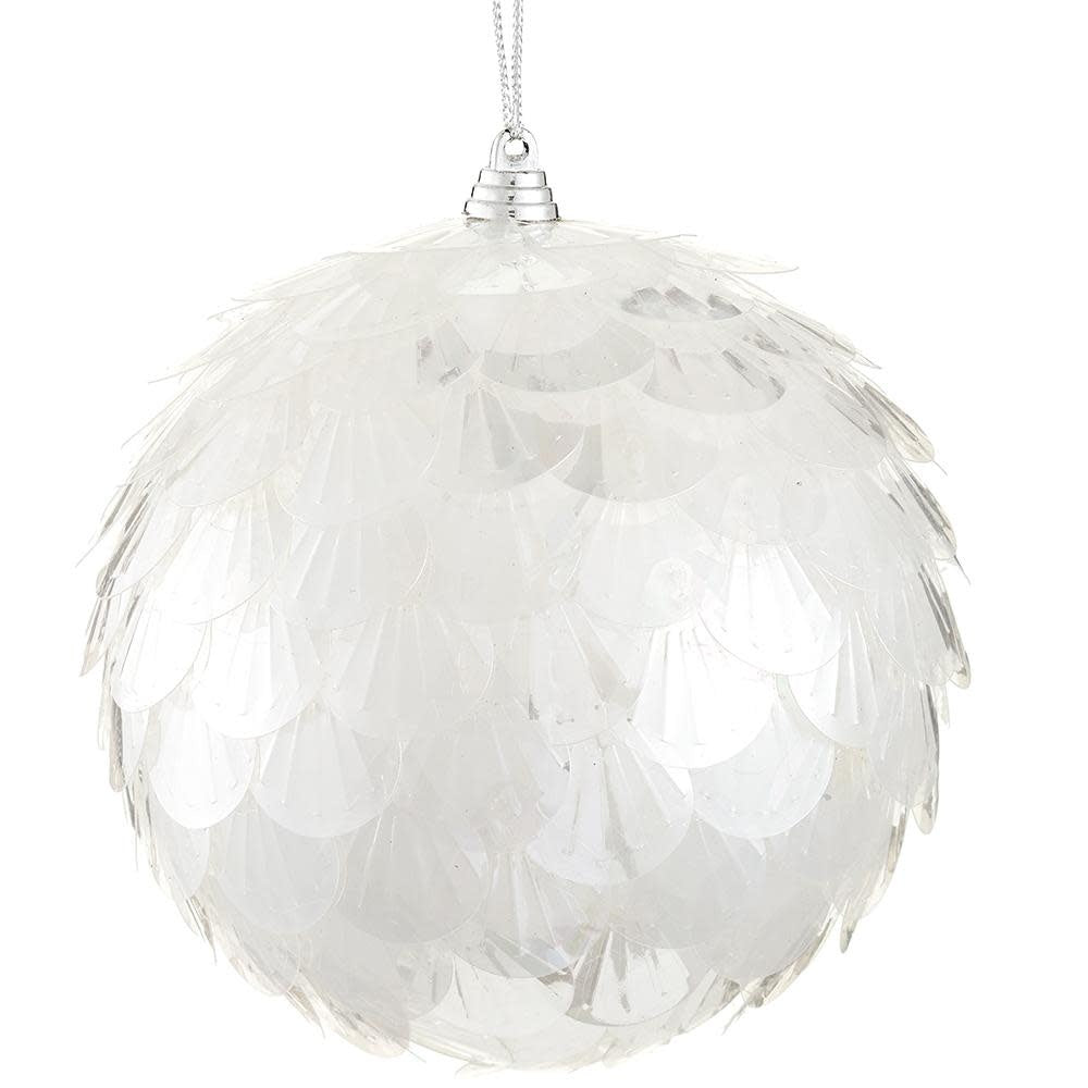 Iridescent plastic bangle ball ornament with a smooth spherical shape.