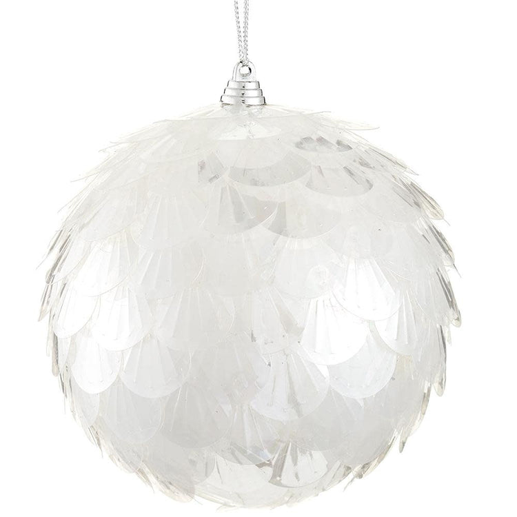 Iridescent plastic bangle ball ornament with a smooth spherical shape.