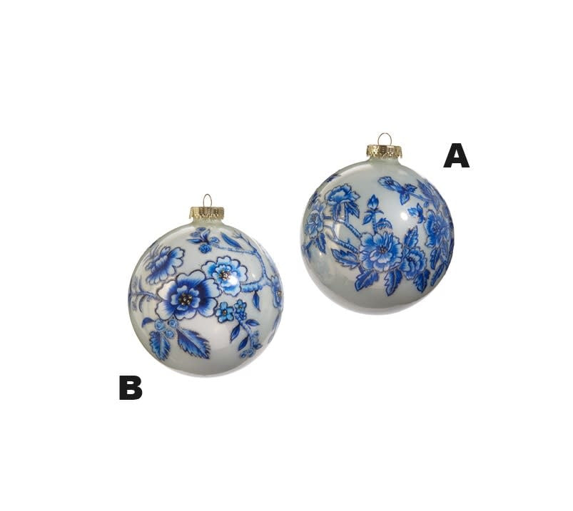Glass blue floral ball ornament with a spherical shape.