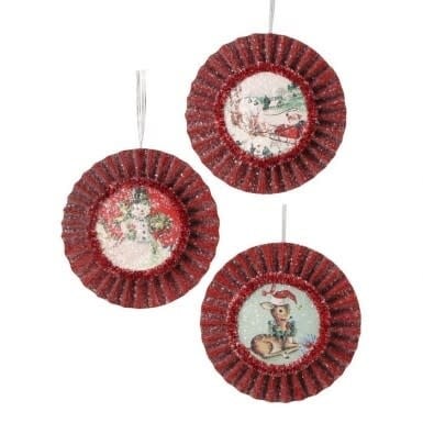 Retro-style cardboard pendant ornament with a circular shape.