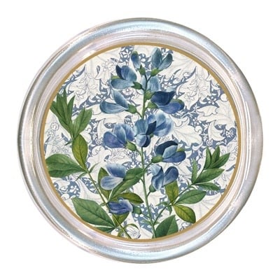 Five-inch glass coaster with high rim featuring blue sweet peas floral pattern on top and black velvet back.