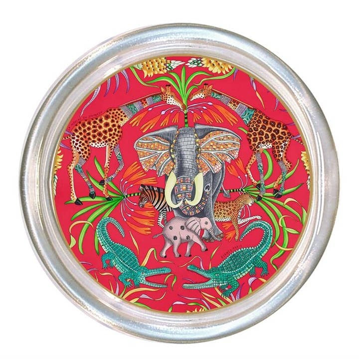 Glass coaster with high rim and black velvet back in pink jungle pattern