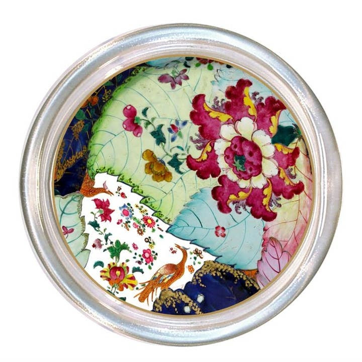Round glass coaster with a high rim and black velvet back.