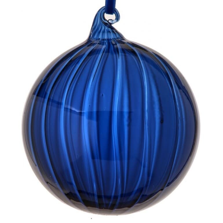 Blue glass ball ornament with clear vertical stripe detailing