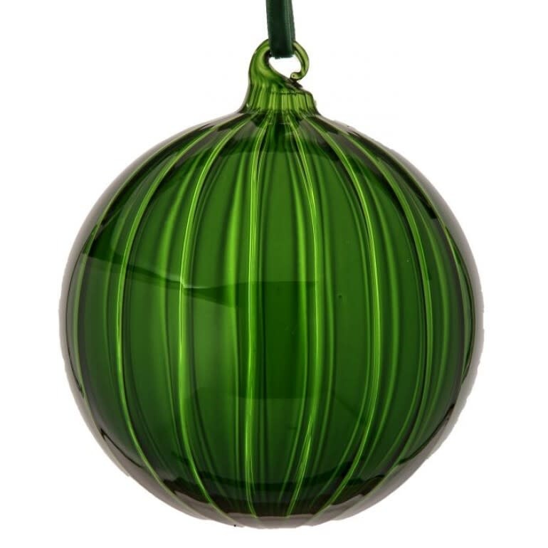 Dark green glass ball ornament with clear vertical stripe detailing