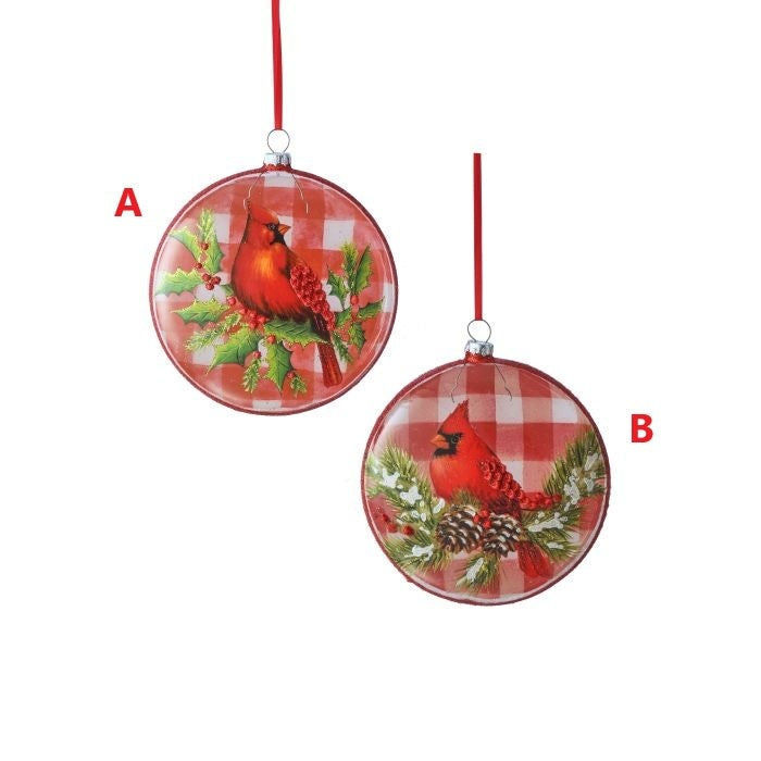 Glass disk ornament featuring a red cardinal on a plaid background