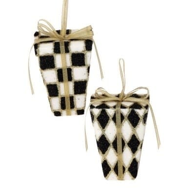 Five-inch Harlequin package ornament in gold and black with geometric pattern