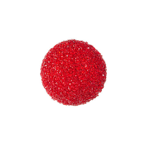 Red glitter foam ball ornament with plastic core measuring six inches.