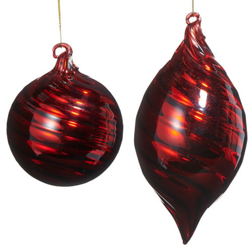 Red swirl blown glass ornament with a festive spiral pattern on an oval silhouette.