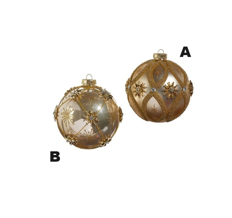 Glass star ornament with jewel ball center on a holiday tree branch