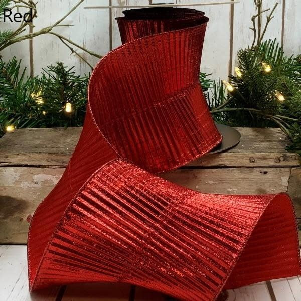 Red fluted lame ribbon roll measuring five inches wide by ten yards long.