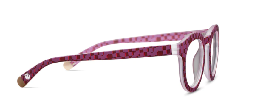 Round Frame of Mind glasses with pixel check blue light lenses in recycled polycarbonate.