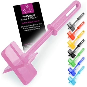 Heat resistant meat chopper with four stainless steel blades on a black handle.