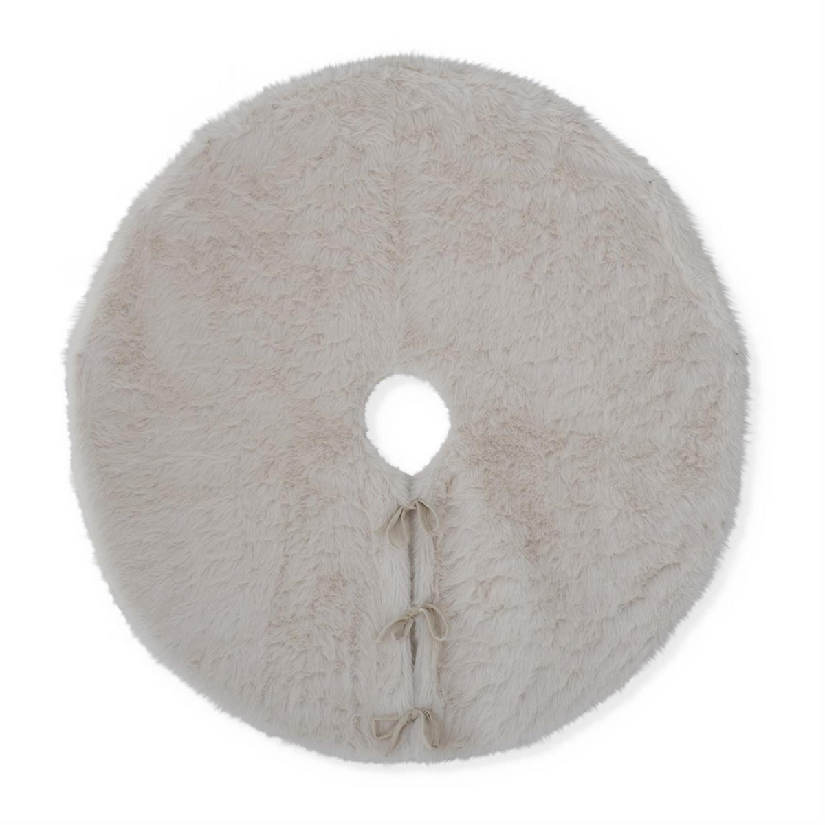 50-inch white vegan fur Christmas tree skirt with three ribbon tie closures.
