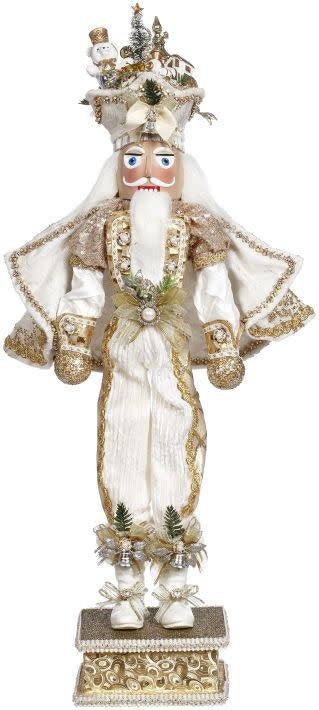A 21.5-inch white and gold nutcracker figurine with a decorative hat, cape, and ornate base.