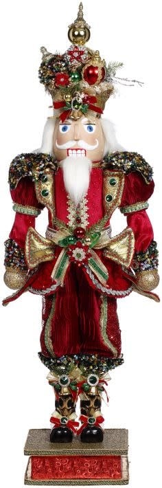 32-inch wooden nutcracker soldier with red uniform, black hat, gold trim, and festive holiday design.