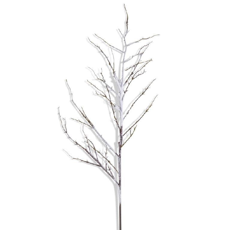 Plastic flocked snowy branch decoration with white textured finish and natural curved silhouette