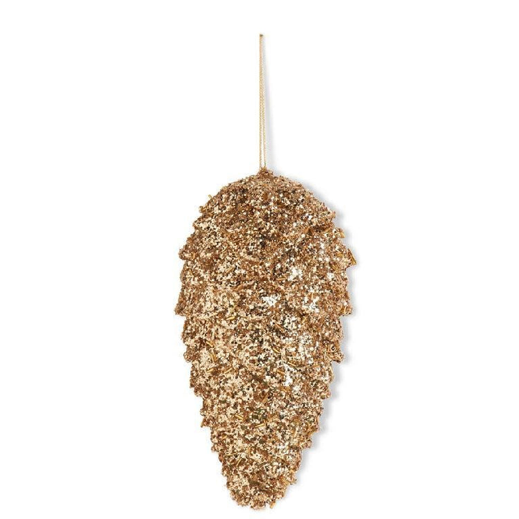 Nine-inch gold glitter pinecone Christmas tree ornament made of plastic.
