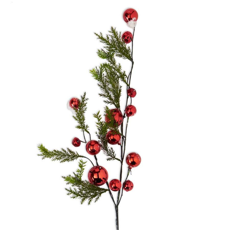 35-inch decorative Christmas branch stem featuring red metallic bells and snowy green foliage.