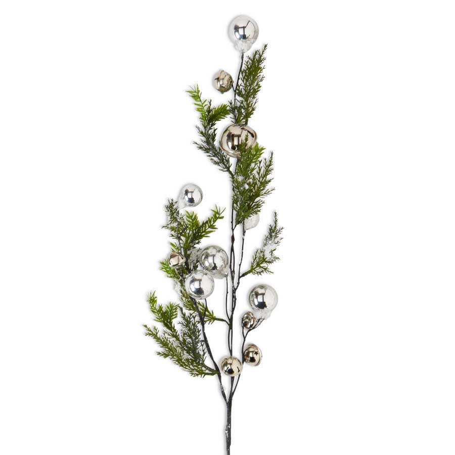 35-inch snowy pine branch decorated with silver bells and ornaments.