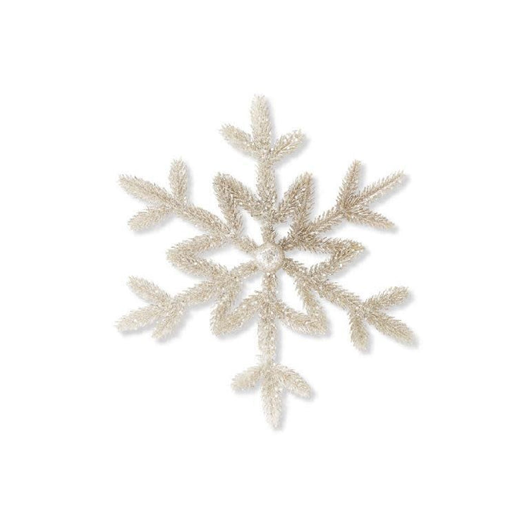 Plastic snowflake ornament with platinum glitter finish in a pine tree pattern.