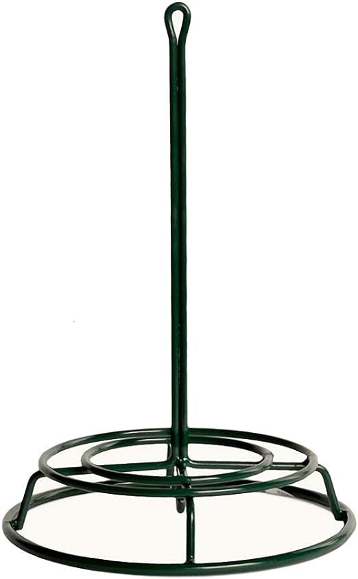 Heavy duty steel bird feeder holding a seed cylinder with bottom hooks.