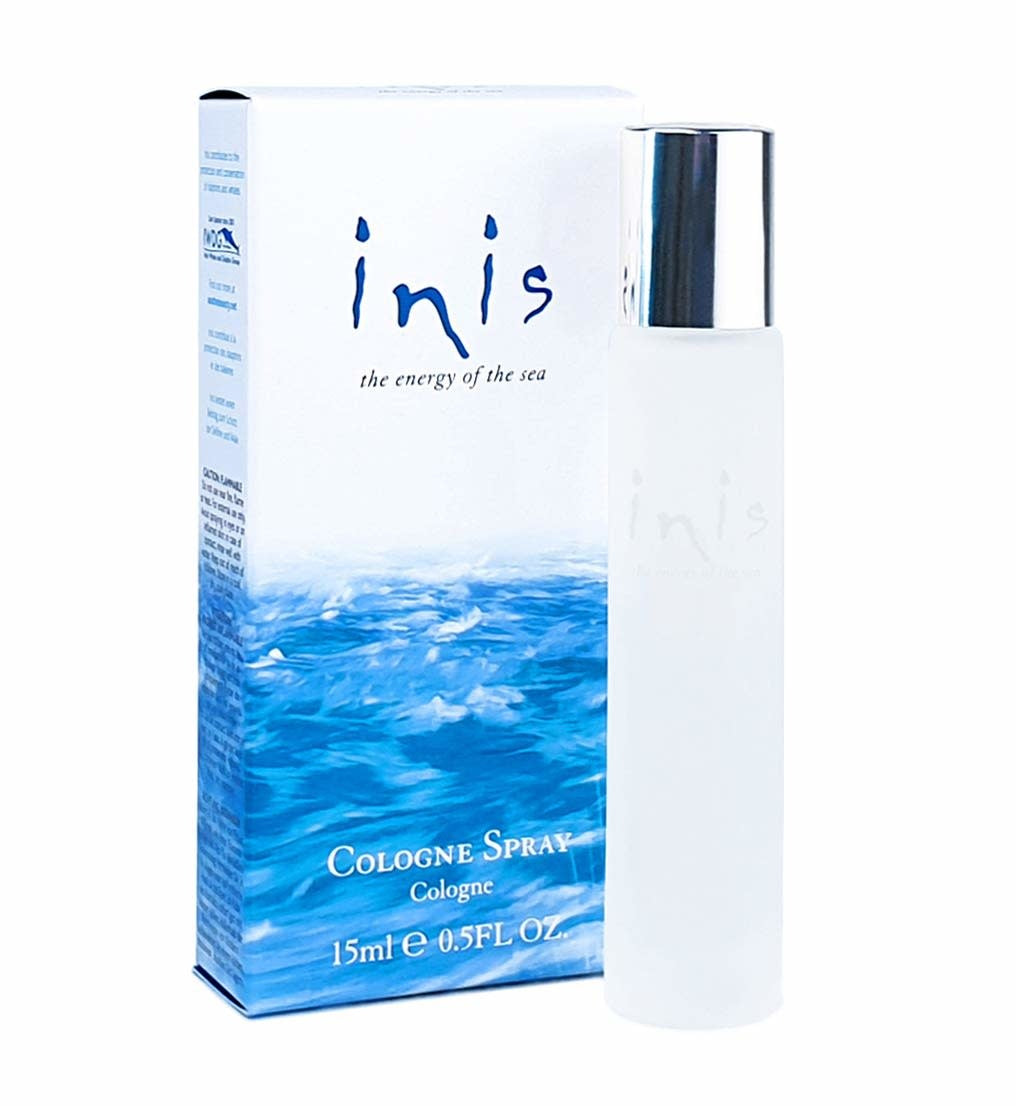 Travel size Inis Energy Of The Sea spray bottle with clear glass body and white cap.