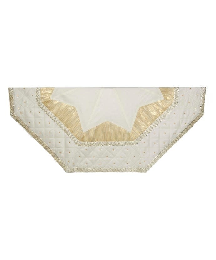 Hexagon tree skirt in ivory polyester with pale gold accents and quilted border