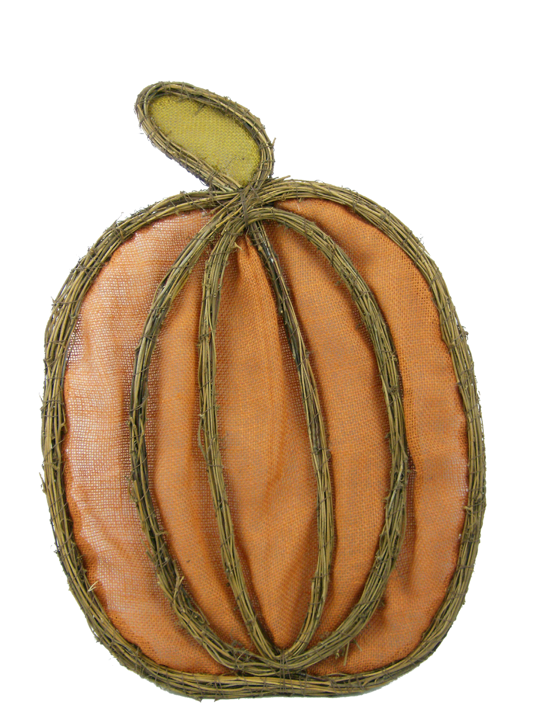 Orange burlap pumpkin twig form with realistic branch texture designed for hanging door decor.