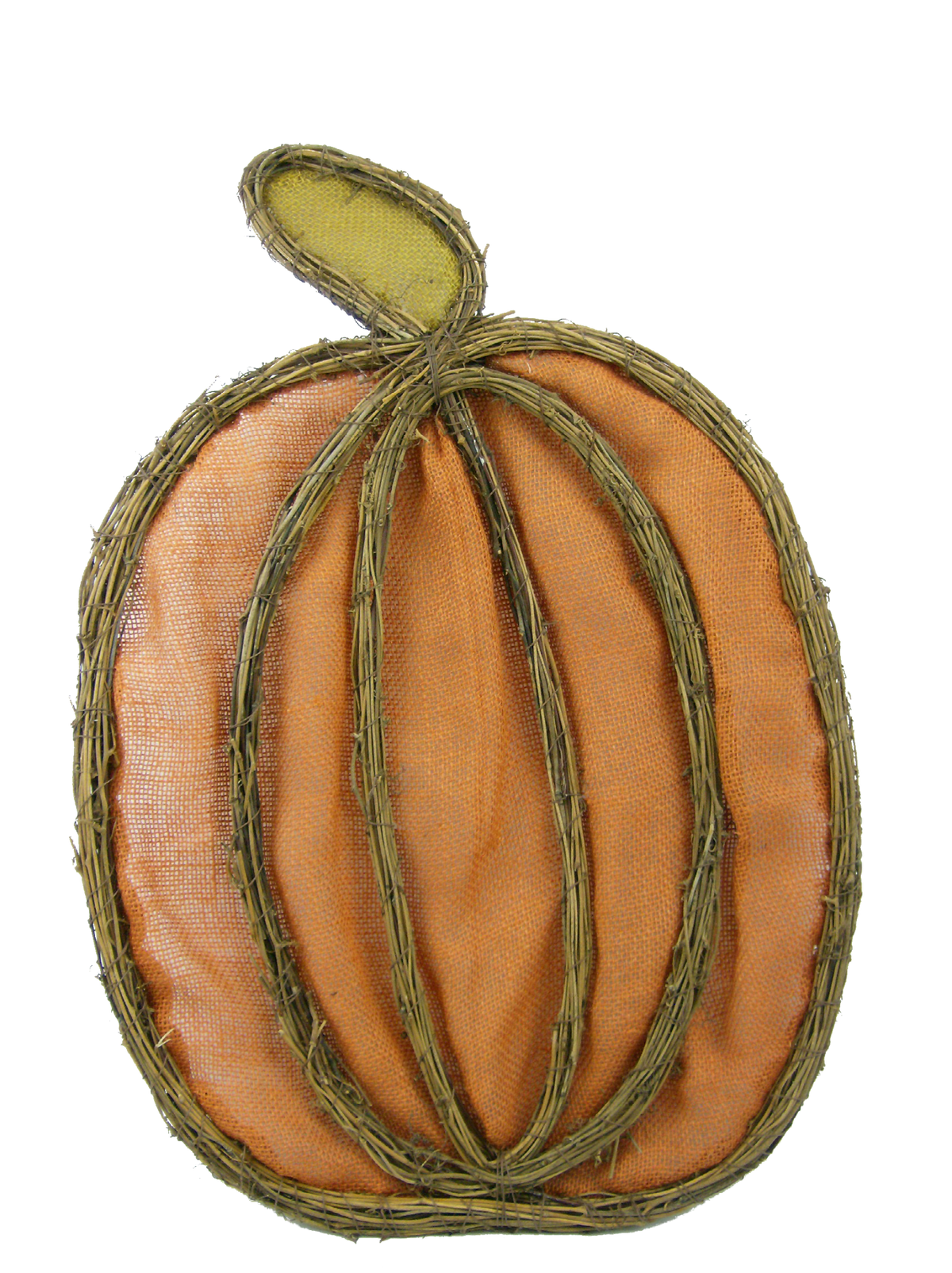 Orange burlap pumpkin twig form with realistic branch texture designed for hanging door decor.