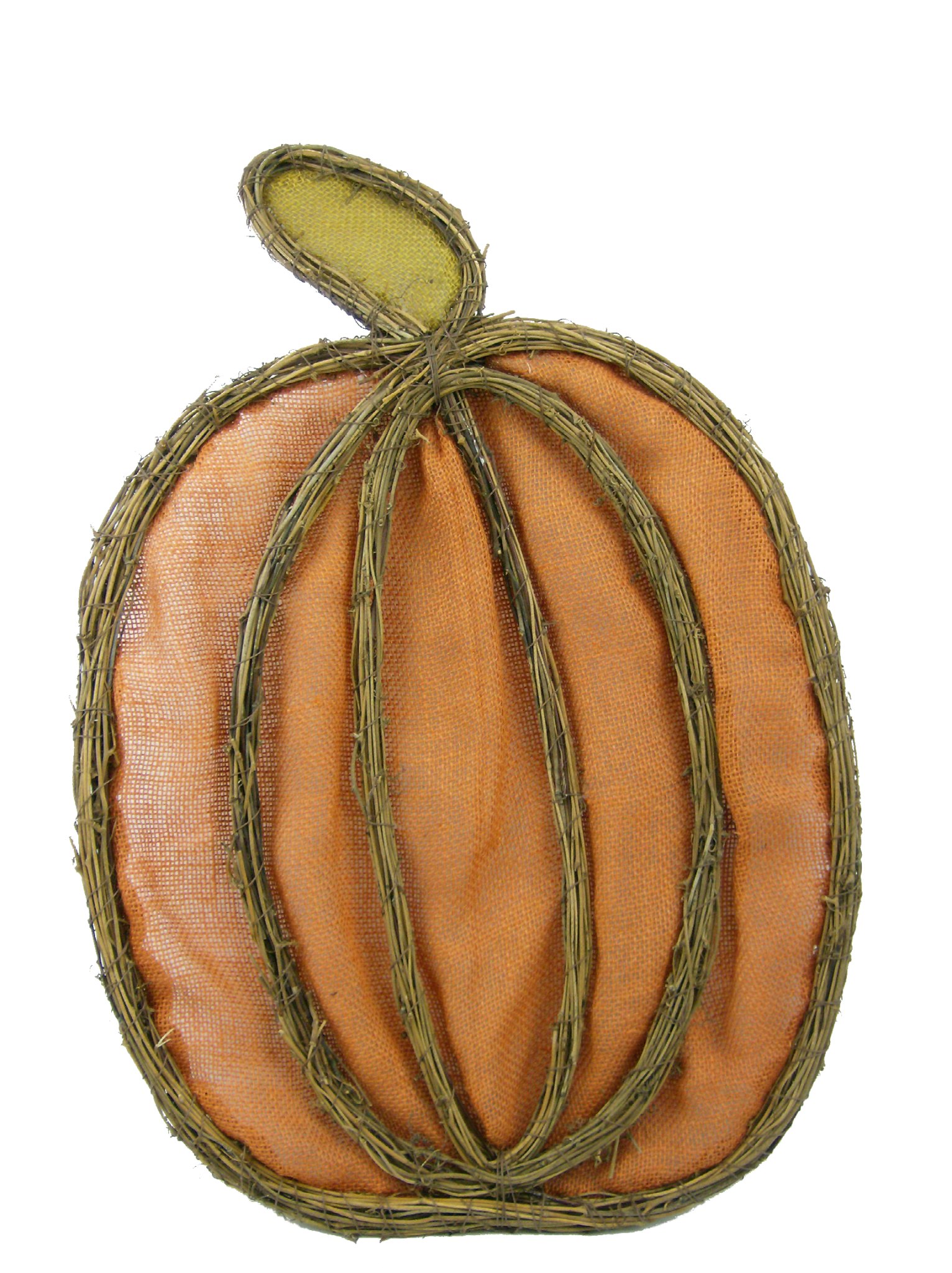 Orange burlap pumpkin twig form with realistic branch texture designed for hanging door decor.