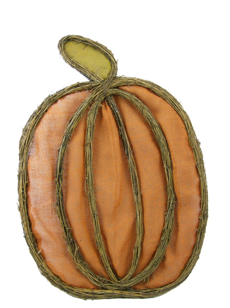 Orange burlap pumpkin twig form with realistic branch texture designed for hanging door decor.