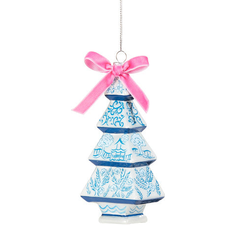 Blue glass tree ornament with Chinoiserie floral patterns on a slender silhouette.