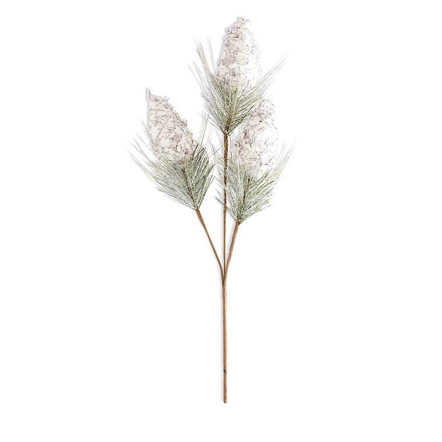 34-inch artificial snowy pinecone spray with long green pine needles on a brown stem.