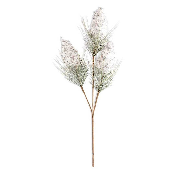 34-inch artificial snowy pinecone spray with long green pine needles on a brown stem.