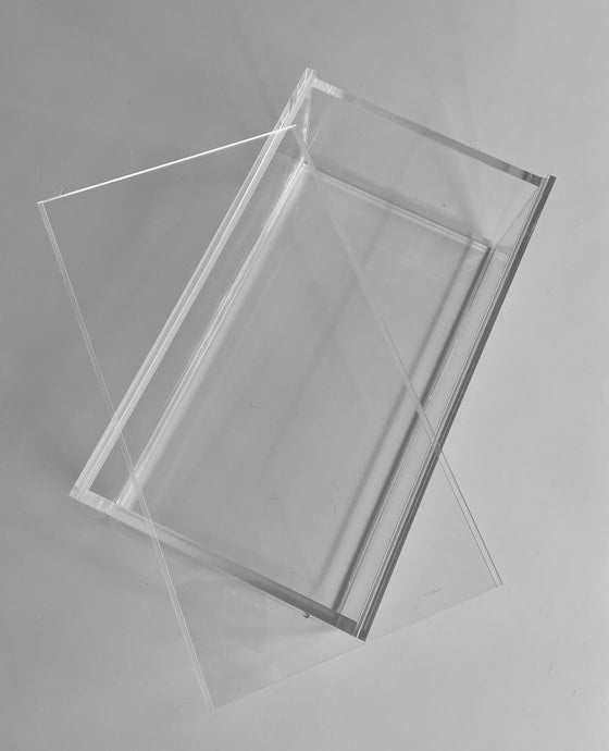 Clear acrylic Mahjong box with transparent lid displaying interior tiles