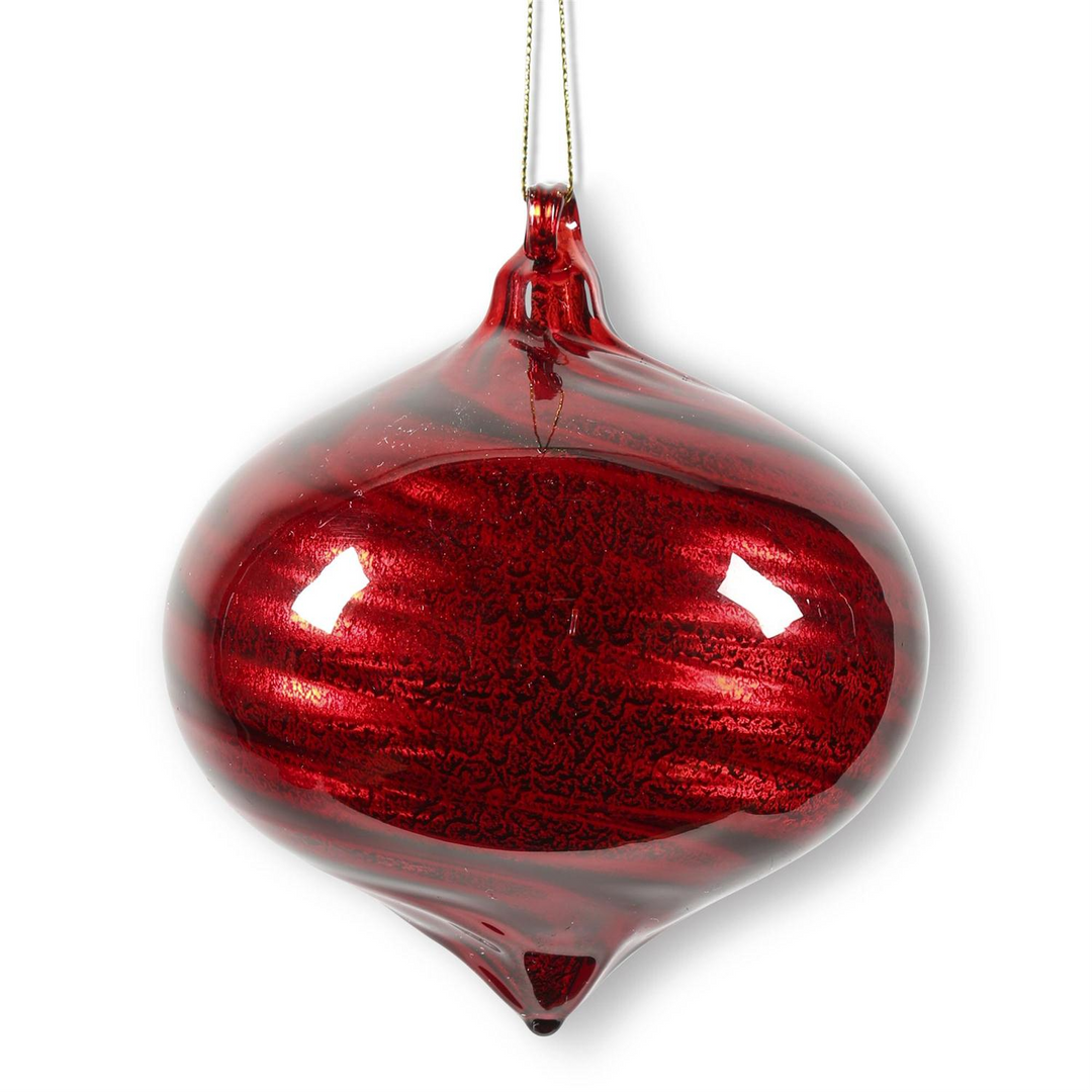4-inch red glass onion-shaped Christmas ornament with a subtle ribbon swirl pattern.